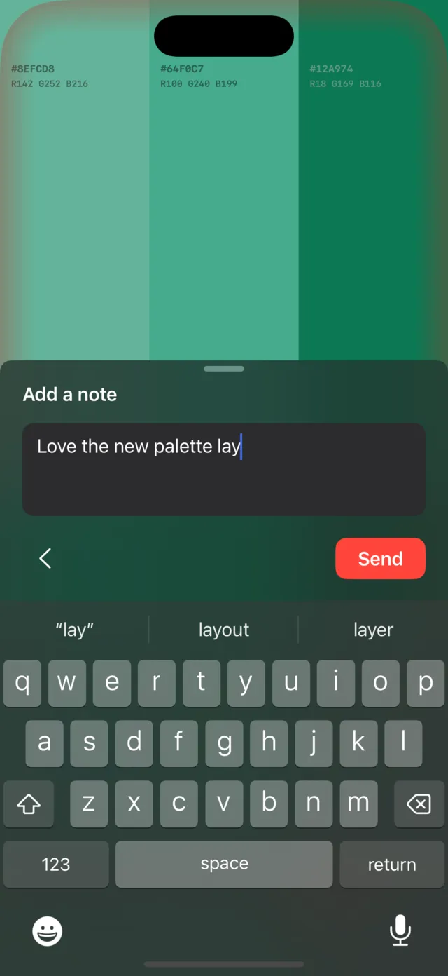 The optional note sheet, with a short comment typed in and the keyboard open