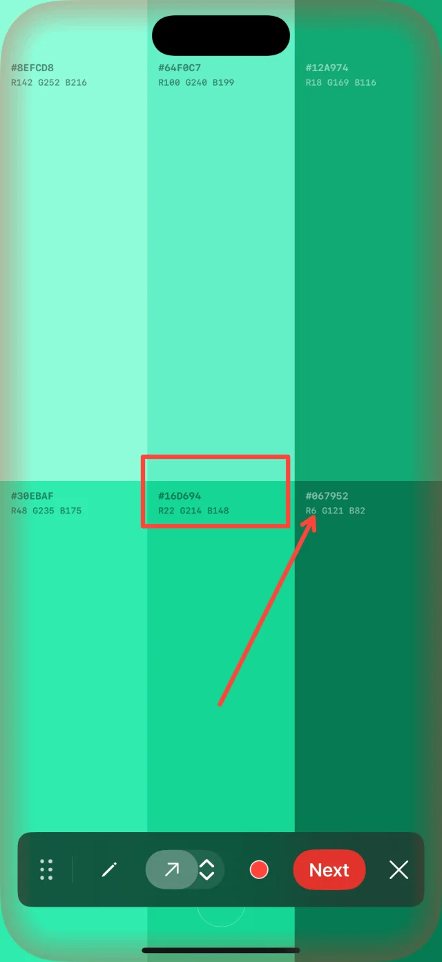 A red box drawn around one hex code and a red arrow pointing at another, on a frozen screenshot with the annotation bar below