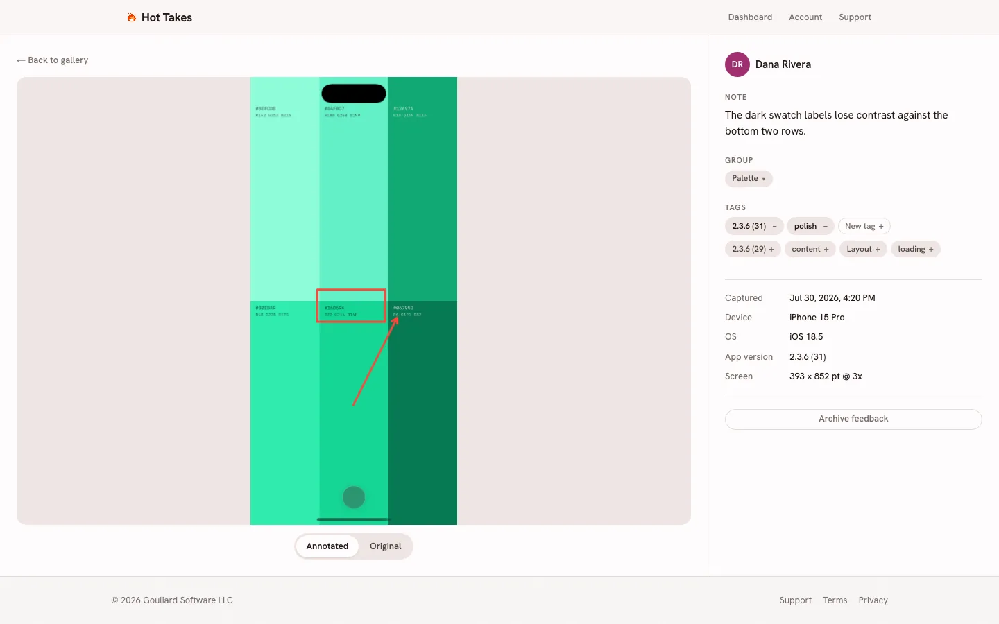 A capture detail page in Hot Takes: a whole phone screen of a green colour palette with a red box and arrow drawn onto it, an Annotated and Original toggle beneath it that swaps in the same screen unmarked, and a side rail carrying the reviewer, the note, the group, the tags, the capture time, device, OS and app build, and an Archive feedback button