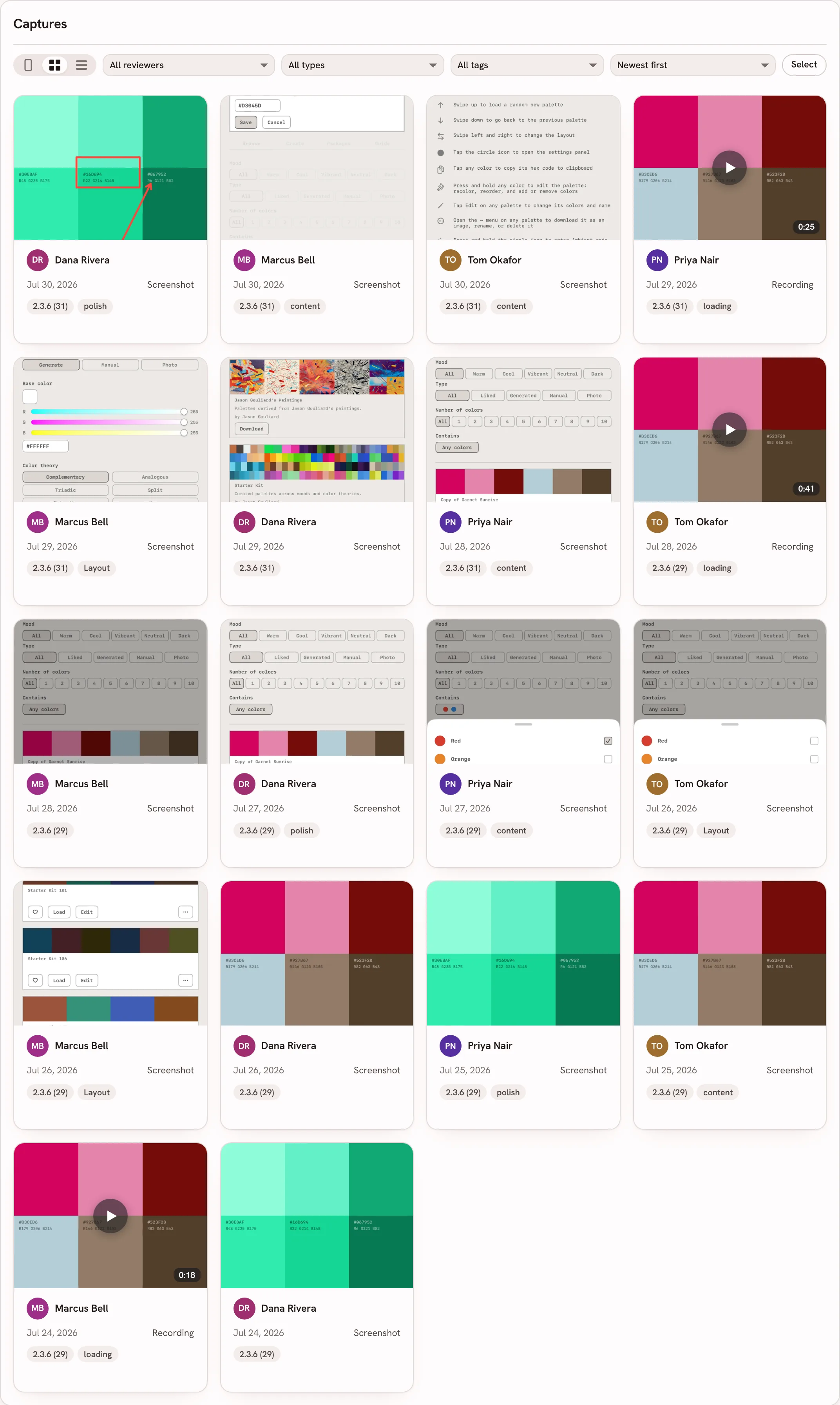 The captures module in grid view: eighteen cards, four across, each with a reviewer name, a date, a screenshot or recording label, a build-number chip and its tags